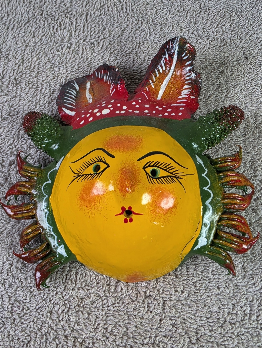 Hand-Painted Coconut Shell Yellow Sun Face Wall Art